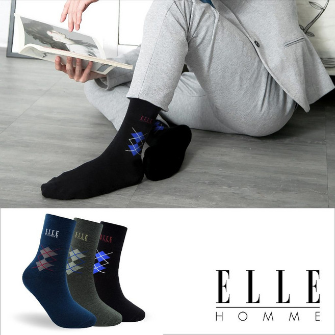 【ELLE HOMME】3雙入英倫菱格寬口紳士襪 頂級棉料 男襪 長襪 休閒 西裝外套 西裝褲 穿搭 皮鞋