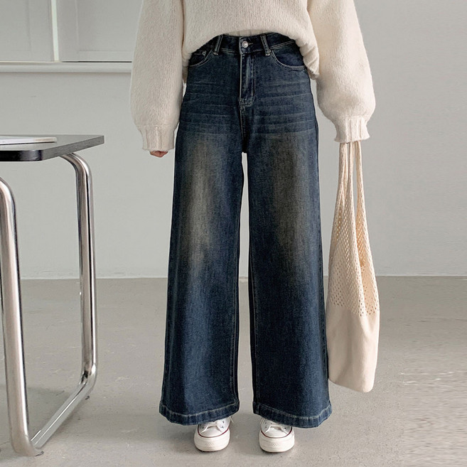 루나진 여성용 와이드 청바지 스판 워싱 데님 통팬츠