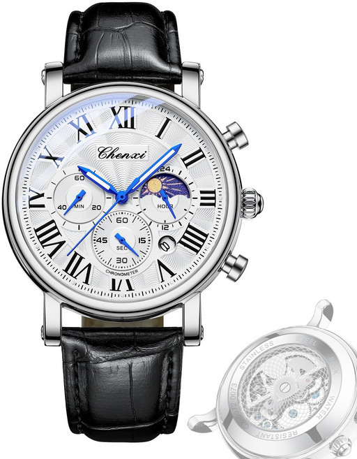 남성 클래식 비지니스 문워치 원형 가죽밴드 손목시계 hbp-0055