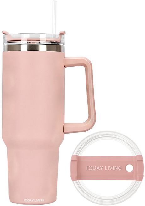 투데이리빙 1.18리터 대용량 스텐 텀블러 + 빨대 포함 손잡이 이중 보온 보냉병 아이스 스트로 플로우 보틀 리유저블 핸들 보냉 보온병 캠핑 콜드컵 물병 워터 물통 빨대컵, 1개, 1.18L, 핑크