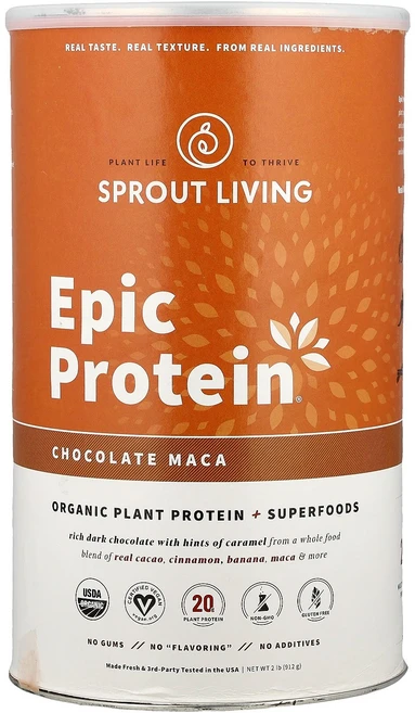 Sprout Living Epic Protein® Plant Protein + Superfoods Chocolate Maca 2 lb 912 g, Sprout Living, Epic Protein®,, 912g, 1개 - 쿠팡