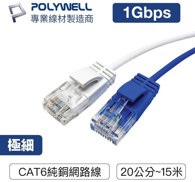 POLYWELL CAT6網路線 極細線徑2.8mm 純銅線 RJ45 福祿克認證, 白色, 1條, 700公分=7公尺