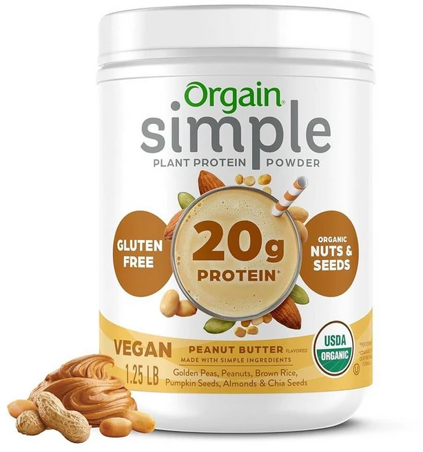 Orgain 올게인 유기농 심플 비건 단백질 파우더 땅콩 버터 20g 0.6kg 단백질보충제, 1개, 479g - 쿠팡