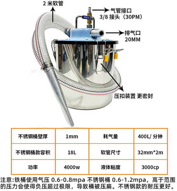 氣動真空吸塵器 工業用 幹濕兩用 防爆 吸塵器, 真空吸塵器（加厚不銹鋼桶無脚架）, 真空吸塵器（加厚不銹鋼桶無脚架）