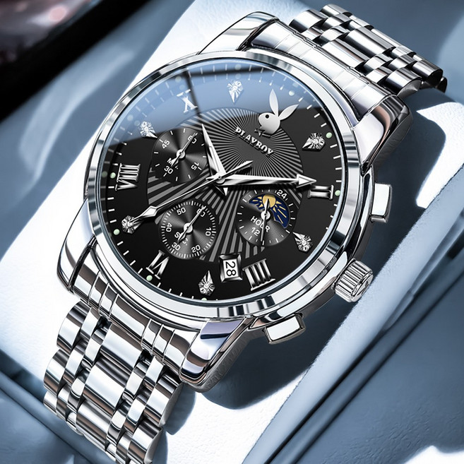 PLAYBOY 플레이보이 남성 크로노그래프 시계 명품디자인 방수패션시계 데이트기능 쿼츠워치