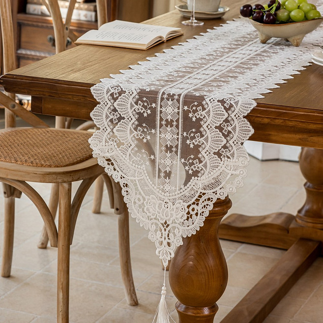 프렌치 레이스 테이블 콘솔러너, 1개, 35x120cm, 화이트