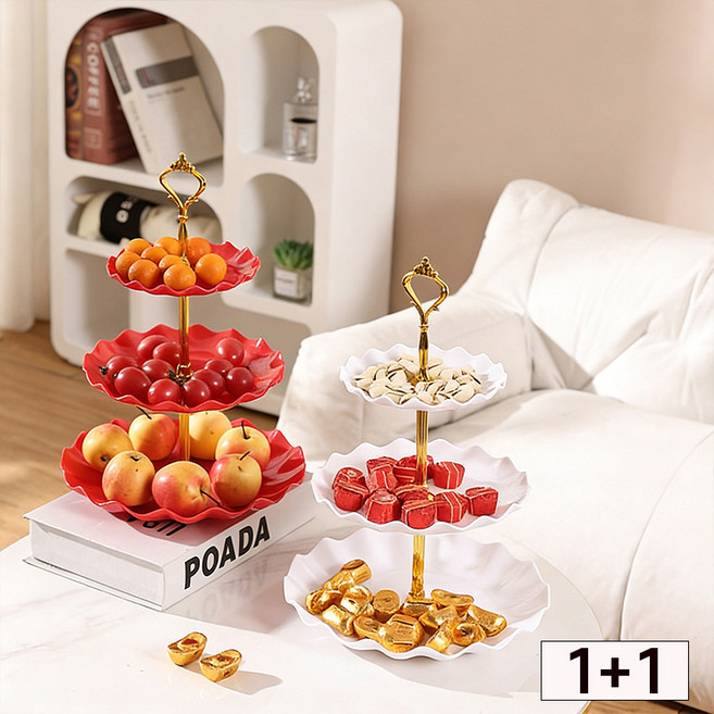 Izeriel 1+1 3단 트레이 과일 간식 파티 스탠 쟁반 트레이 디저트 플레이트 스탠드 케이크 디저트 트레이, 2개, 레드+화이트