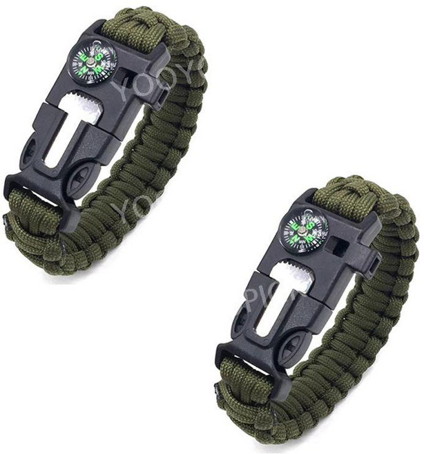 파라코드 생존 팔찌 나침반 파이어스타터 호루라기 캠핑 등산 서바이벌 장비 생존팔찌, 군용 녹색 2개, 1개