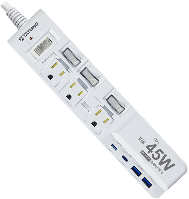 TATUNG 大同 4開3插 3P PD45W USB 氮化鎵智能延長線 ENO-C67PLC-A8, 14.5*35*4, 1條