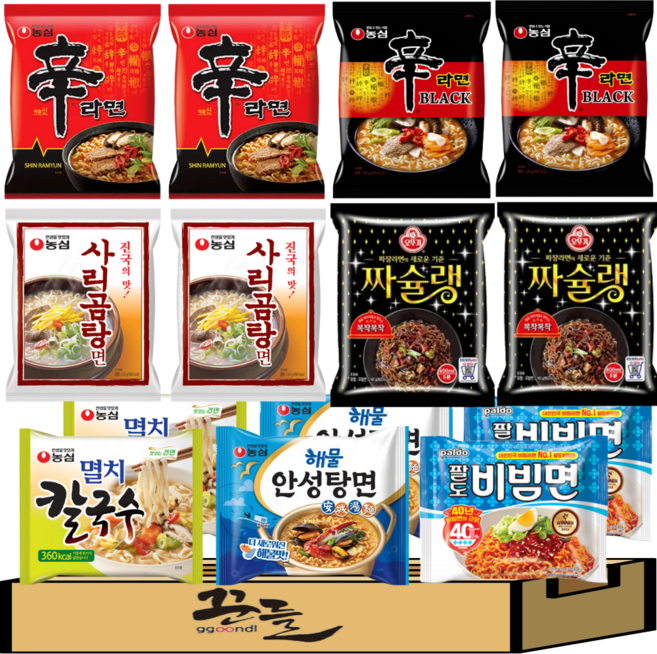 국민 봉지라면 베스트 조합 7종 세트J(신블랙+신라면+해물안성+멸칼+사리곰탕+짜슐랭+팔도비빔)