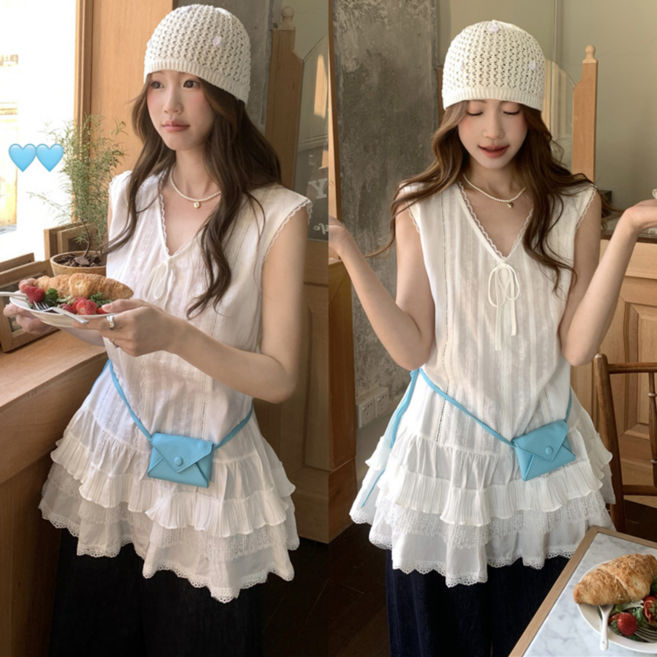 Asure 여성 끈나시 프릴 티 레이스 시스루 민소매