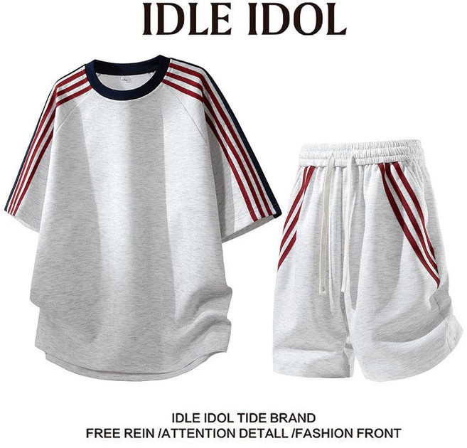 【IDLE IDOL】男士夏季條紋寬松透氣短袖運動休閒兩件套, 1個, 花灰【兩件裝】4XL【建議190-220斤】