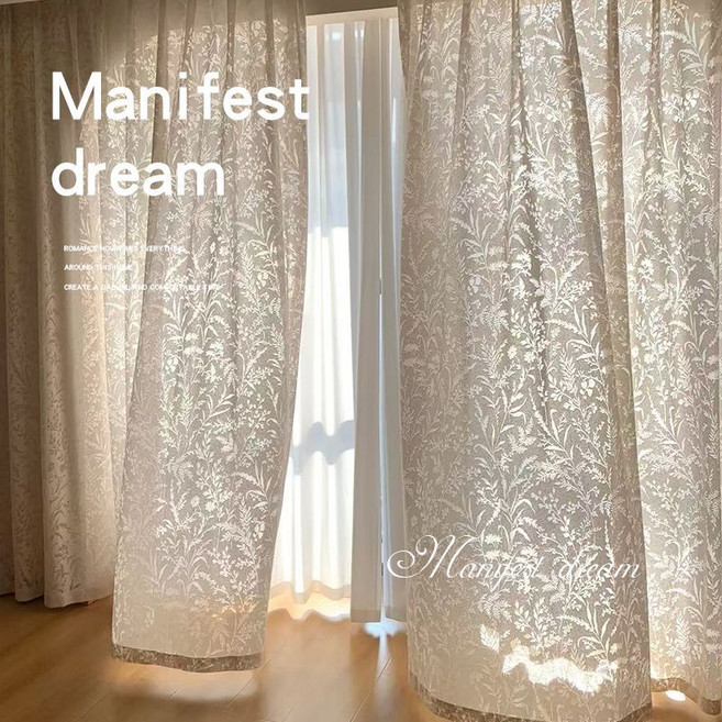 法式枝影透光高級紗簾 奶油色鏤空窗簾, 鏡面款防曬月枝紗-本白色 (打孔款）,寬1.5米*高2.7米一片
