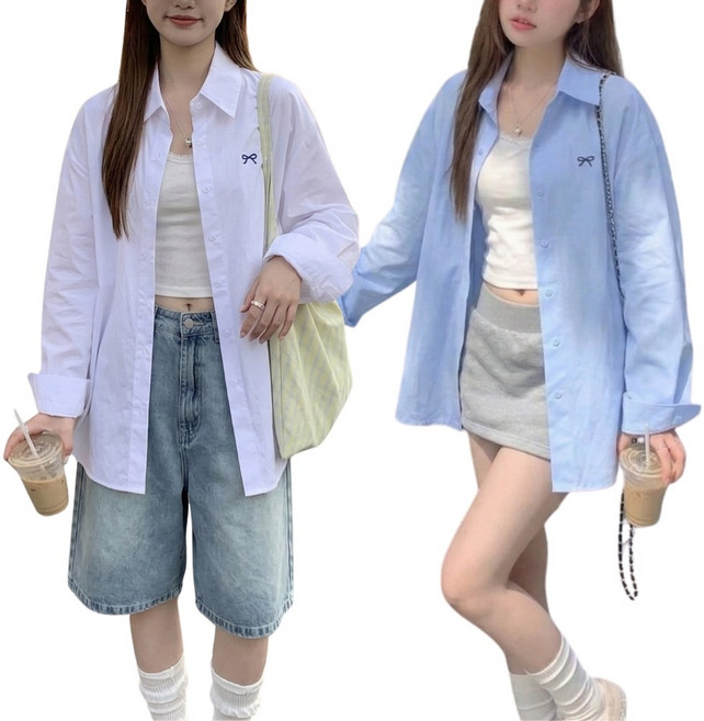 픽앤유 여성 남방 봄 무지 데일리 긴팔 셔츠 2종 세트