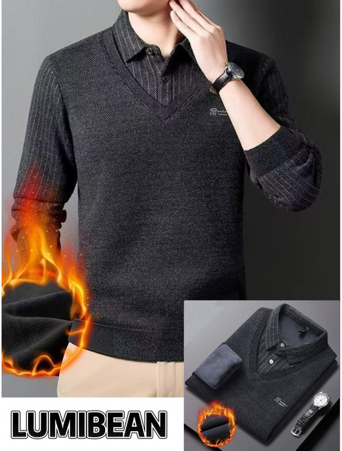 루미빈 가을겨울 남성 두꺼운 루즈핏 중장년 아버지 카라넥 레이어드 기모 니트 티셔츠
