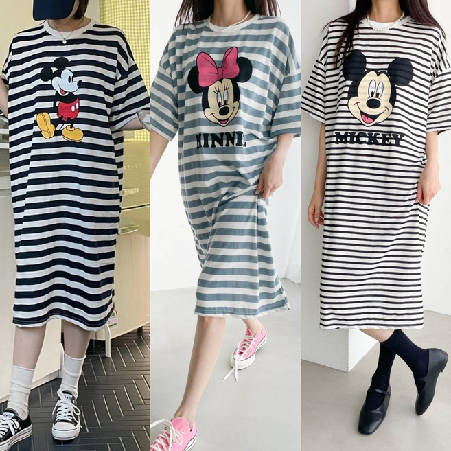디즈니 반팔 단가라 롱 잠옷 원피스 홈웨어 오버핏 빅사이즈 여성 여자 국내제작