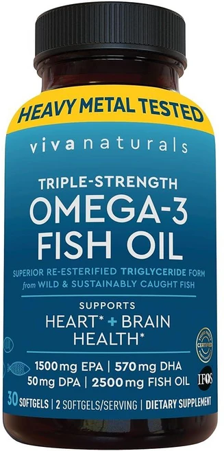 Viva Naturals 오메가-3 피쉬 오일 트리플 스트렝스 2500mg 소프트젤 30개 - EPA DHA DPA를 포함한 재에스테르화된 오메가 3 지방산 패스카타리, Viva NATURAL 내추럴s 여성 및 남성용 오메가, 1개, 30정 - 쿠팡