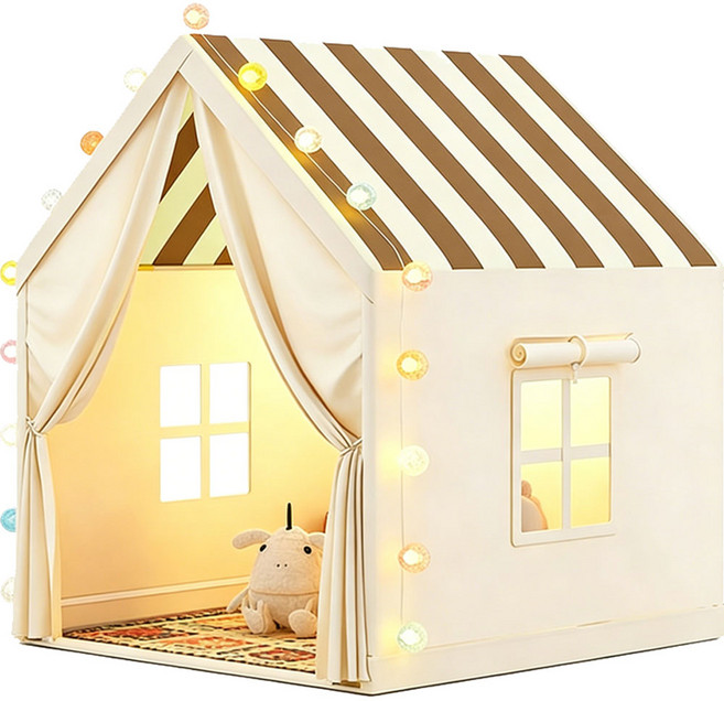 SeekFun 실내 텐트 홈캠핑 귀여운 격자 무늬 놀이집 편리한 세탁 핑크 베이지, 1개, 베이지색(줄무늬)