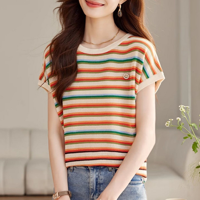 리치블랑 여성 캐주얼 라운드넥 스트라이프 니트 반팔 티셔츠