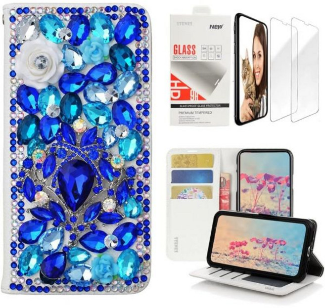 STENES 블링 월렛 케이스 (iPod Touch 7세대(2019) 호환) - 스타일리시 3D 수제 댄스 나비 장미꽃 가죽 (손목 스트랩 및 화면 보호필름 포함) [2개 세트