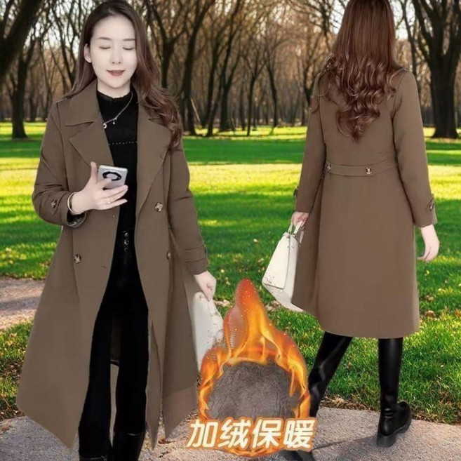 雙面穿搭 中長款加絨加厚風衣外套 冬季女 西裝領保暖大衣