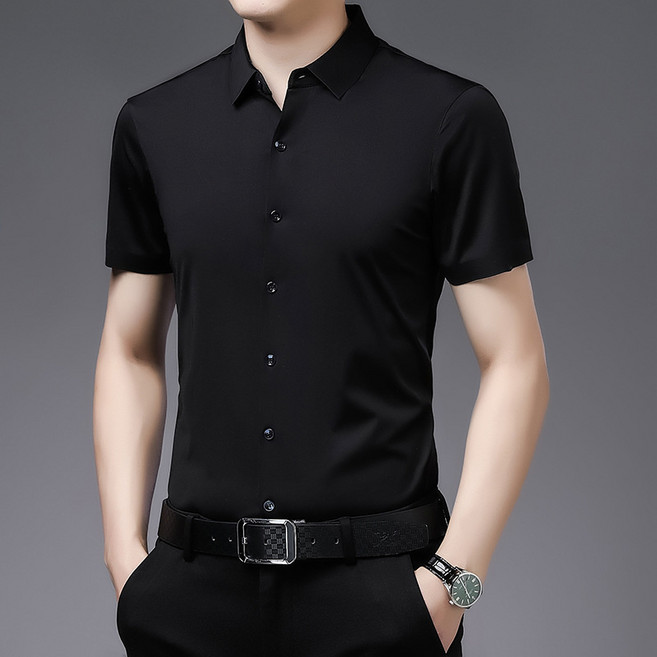 2025男士夏季新款短袖襯衫中青年純色休閒翻領商務開衫薄款襯衣男
