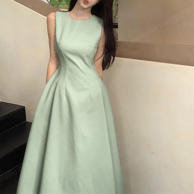 cammello 여신 드레스 클래식 민소매 슬림핏 플레어 A라인 롱 원피스 포멀룩