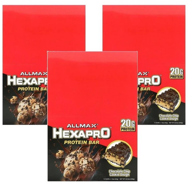ALLMAX Hexapro Protein Bar Chocolate Chip Cookie Dough 올맥스 헥사프로 프로틴바 초콜릿 칩 쿠키 도우 12p 648g, 3개 - 쿠팡
