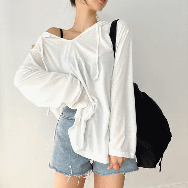 찰랑 레이온 트임 후드 오버핏 롱 티셔츠 3color