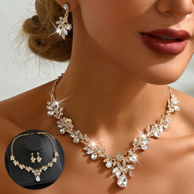 여성 파티 모임 행사 공연 화이트 물방울 큐빅 나뭇잎 목걸이 드롭 귀걸이 2종 세트 A1712