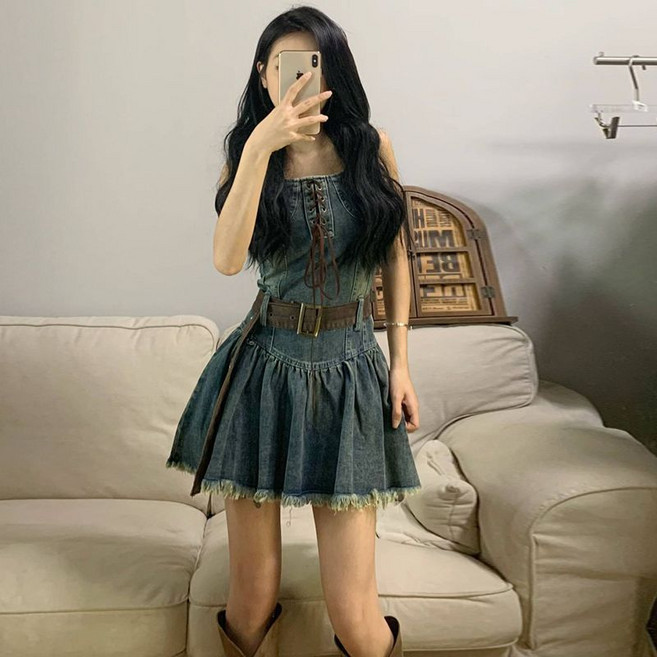 빈티지 여성 여름 뷔스티에 원피스 캐주얼 날씬해 보이는 미니 원피스 슬림핏 플리츠 스커트 ZZQ