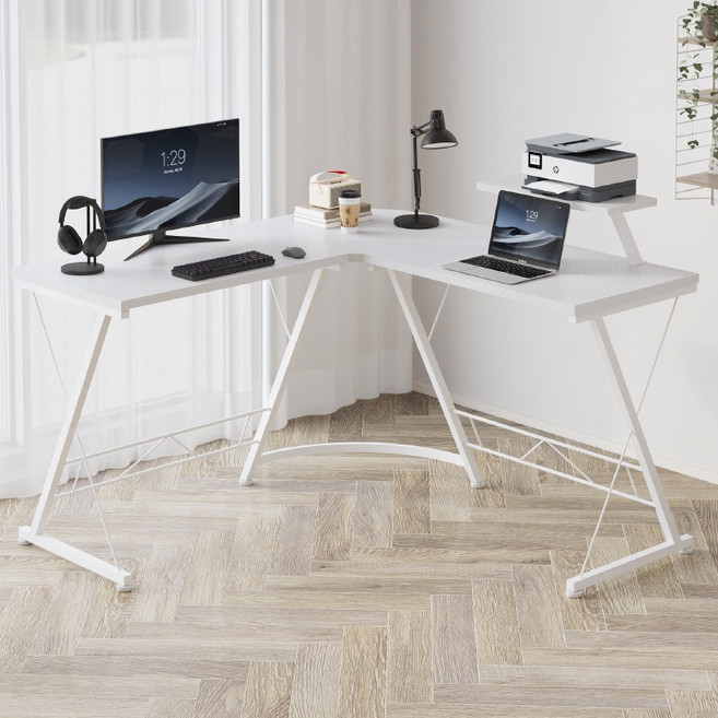 BIKASU 대형 코너 컴퓨터 책상 1인용 일체형 게이밍 책상 L자형 다용도 사무용 학생 책상 거실 서재, 화이트