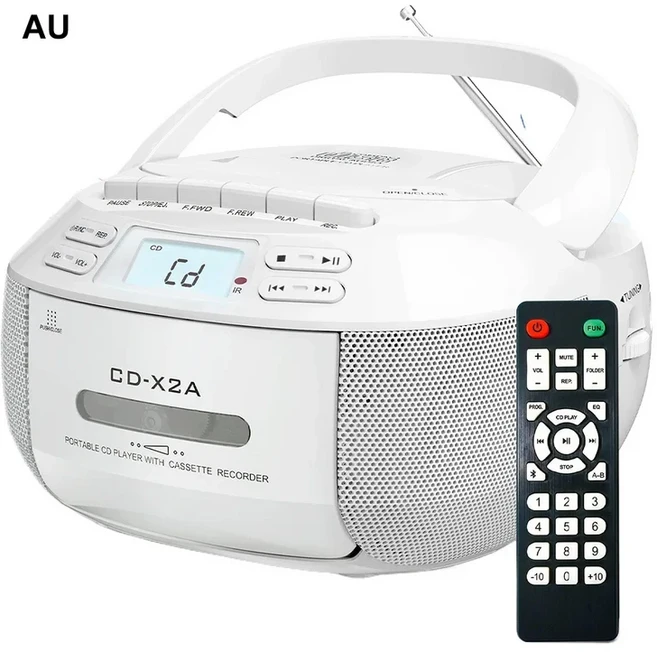 휴대용 CD 붐박스 카세트 플레이어 콤보 레코더 라디오 FM 블루투스 USB MP3 전원 (리모컨 포함), 01 CHINA, 04 White AU Plug