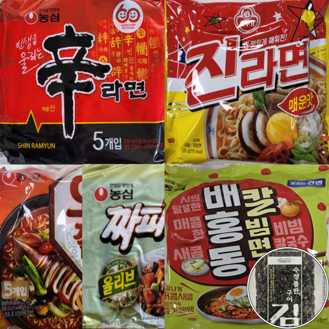 송라면) 배홍동칼빔면 맛보기 세트 신라면5 진라면5 오징어짬뽕5 짜파게티5 배홍동칼빔면2봉 + 수정불맛김 (4g), 1세트