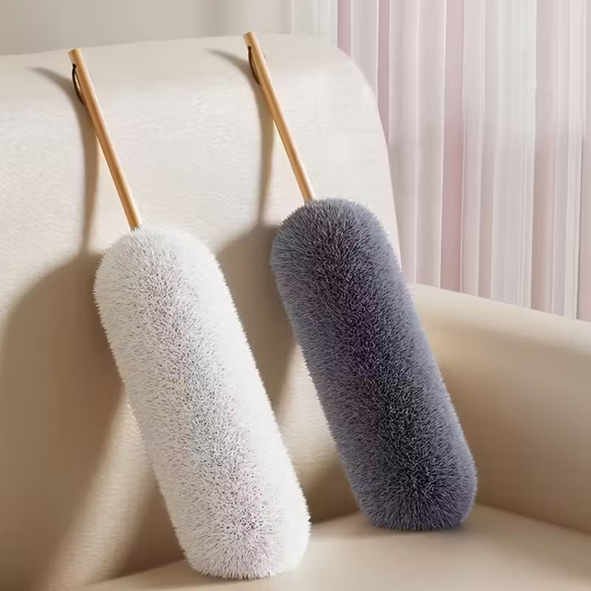 부드럽게 먼지 제거 정전기 흡착 원목 손잡이 먼지털이, 화이트, 1개