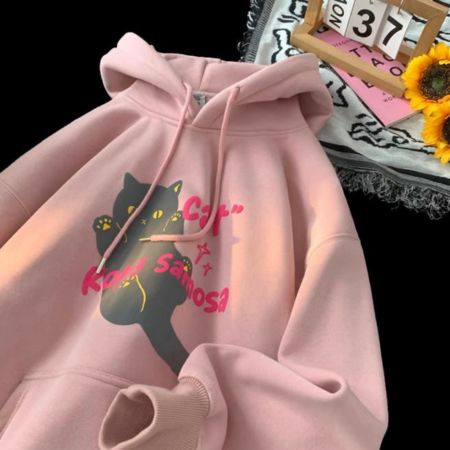 帽T【M-5XL】小貓可愛卡通印花韓版日系連帽上衣女 秋冬季新款 長袖上衣 情侶款 男款oversize