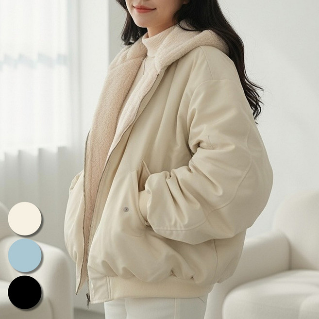 핏몬 여성 오버핏 뽀글이 후드 점퍼 리버시블 후리스 패딩