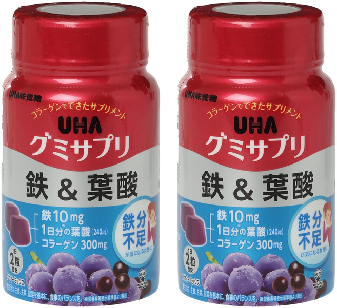 UHA 味覺糖 鐵質葉酸補充軟糖 綜合巴西莓口味 10mg, 2罐, 60顆