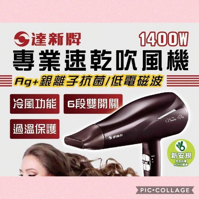 達新牌 專業速乾吹風機 1400W大風量 銀離子 低電磁波 恆溫護髮, 銀色, TS-2929