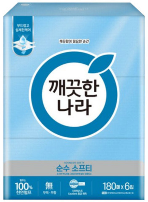 깨끗한나라 순수소프티 미용티슈 180매 6개입 각티슈 곽티슈 뽑아쓰는 휴지, 180개입, 6개