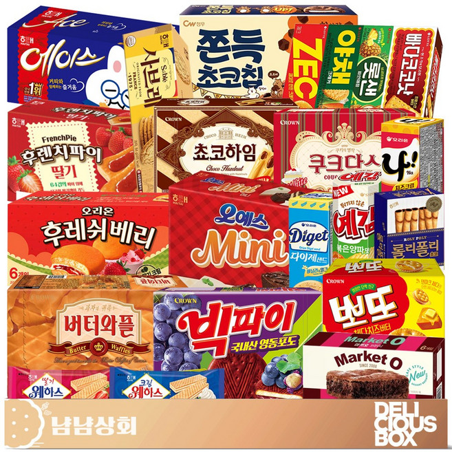 [냠냠상회] 마켓오 브라우니+쵸코하임+빅파이+버터와플+후레쉬베리+후렌치파이+오예스미니+쫀득 초코칩+웨하스+사브레+예감+롤리폴리등 실속 대용량 사무실 간식 과자세트, 1세트, 22p