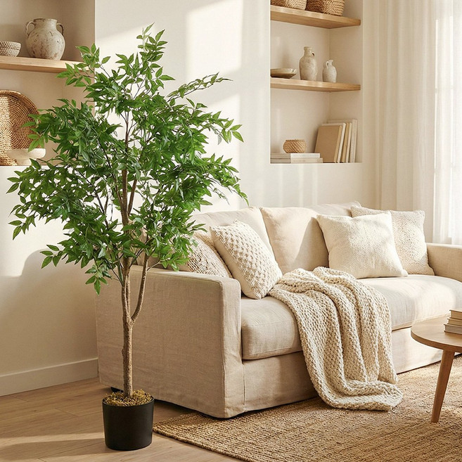 식물 인테리어 조화 나무 인조 화분 플랜테리어 남천나무, 와이드그린, 1개