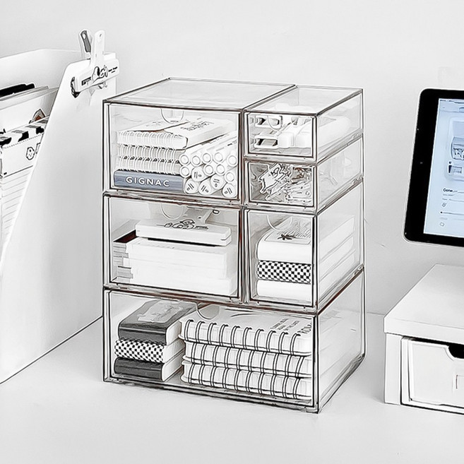 홈비 클리어 투명 모듈 책상 데스크 오거나이저 정리함 3단 세트, 1개, 클리어 6종세트