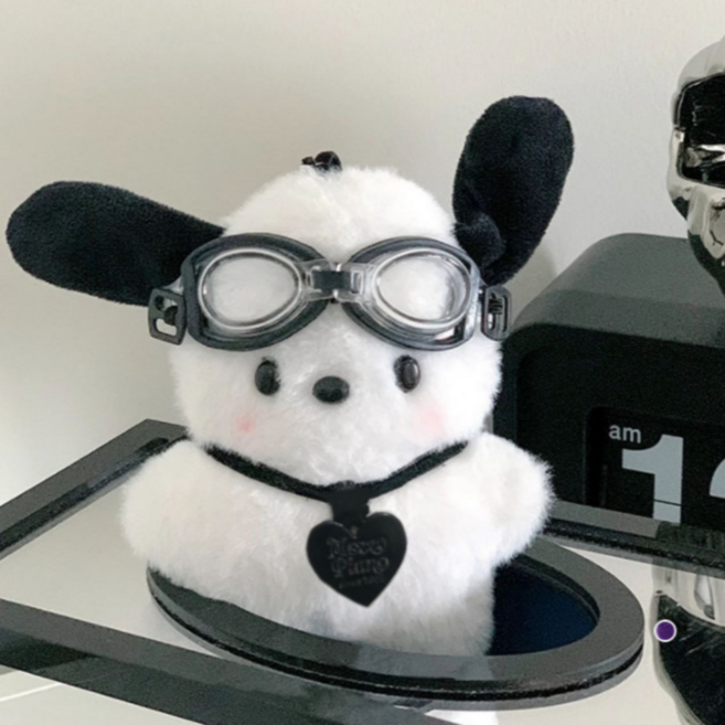 클로바스 블랙하트 고글 키홀더 강아지 인형키링 열쇠 키링 1p, 화이트블랙, 1개, 12cm