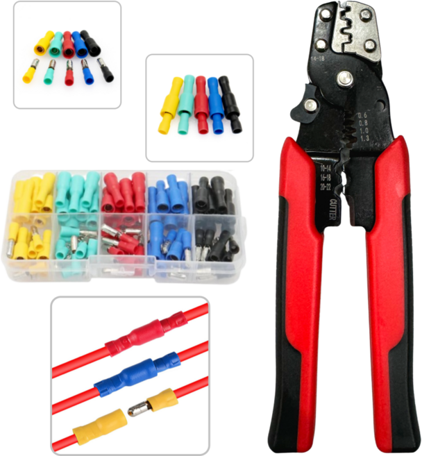 PG총알단자 100pcs + 다용도압착기 총알 암수 블렛 커넥터 터미널 배선 연결 전선 연결, 1세트