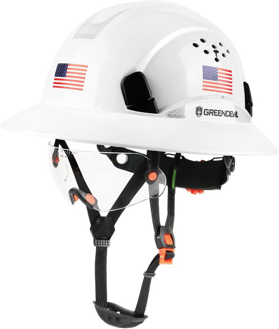 풀 브림 하드햇 통풍 건설 안전 헬멧 OSHA 승인 Cascos De Constructcion 작업용 하드햇과 쿨링 타월 6 포인트 조절 가능한 래칫 서스펜션, White Hardhat With