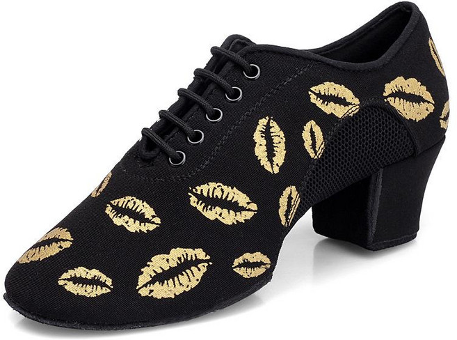 JoYouth 여성 라틴 댄스슈즈 시선끄는 립프린트 메쉬 옥스포드천 차차 볼룸 모던 스퀘어 실내댄스화