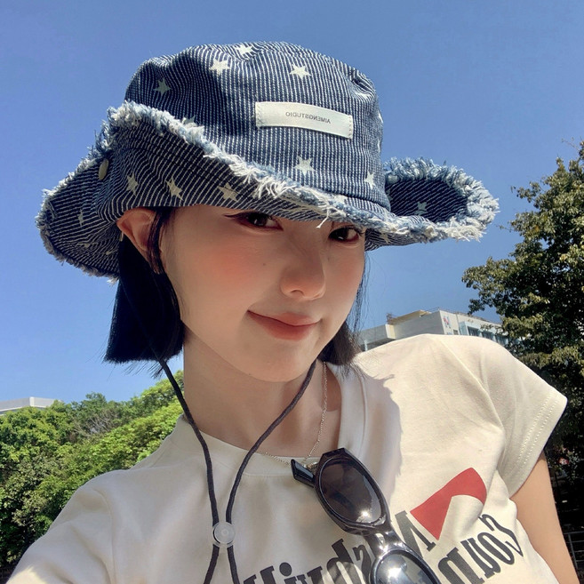 AIMENGSTUDIO 星條紋毛邊牛仔漁夫帽, 星星牛仔漁夫帽, 1個