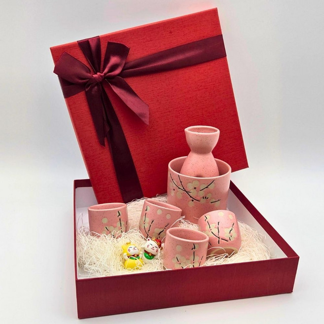 잔집사 플라워잔 사케잔 세트 복고양이 술잔 소주잔 도쿠리 홈술 감성 일본식 선물용, 핑크플라워(6P) (잔4+술병1+포트1+피규어1), 1세트