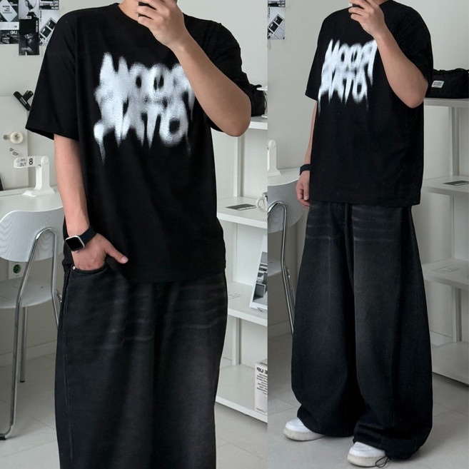 르위 레터링 남녀공용 라운드 반팔티 순면 루즈핏 반팔